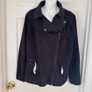 JouJou Women's Black 1X Faux Suede Fringe Moto Western Jacket Asymmetrical Zip